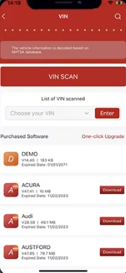 ThinkDiag application displaying VIN Scan and vehicle software information